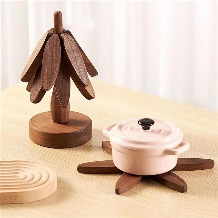 Wooden Hot Dish Insulation Pad 4Pcs Tree Shaped Coaster Set Hot Pots and Pans Insulation Mat - Walnut Color