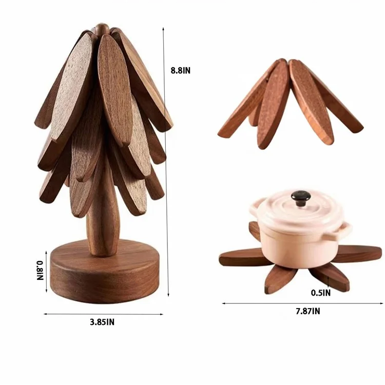 Wooden Hot Dish Insulation Pad 4Pcs Tree Shaped Coaster Set Hot Pots and Pans Insulation Mat - Walnut Color
