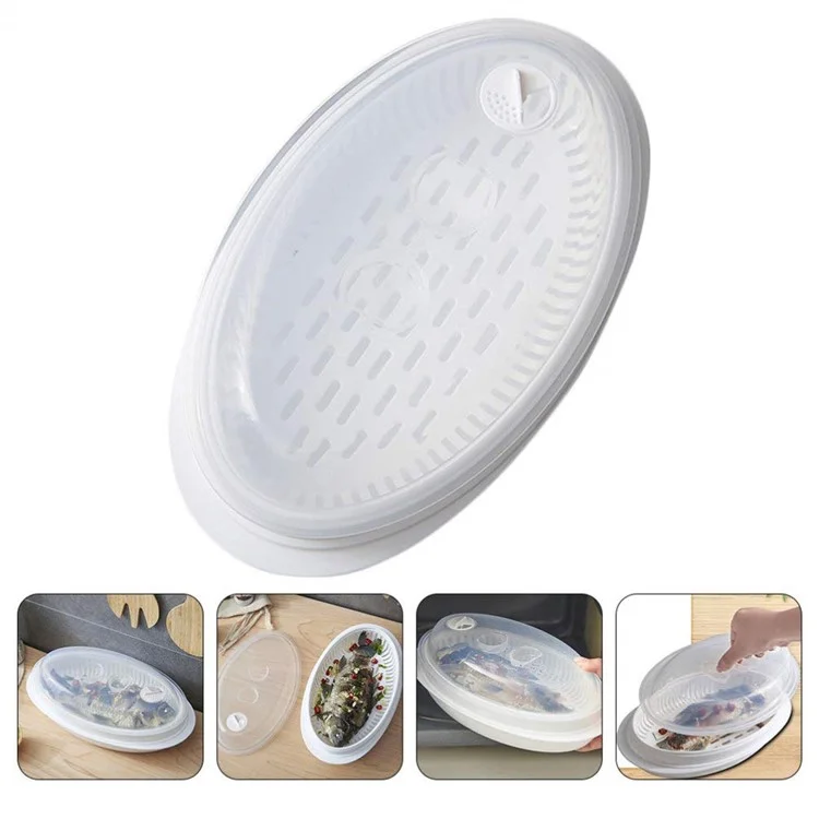 Vaporera de pescado para microondas, bandeja multiusos para cocinar al vapor pescado, vaporera ovalada para horno microondas con tapa (libre de BPA, sin aprobación de la FDA)
