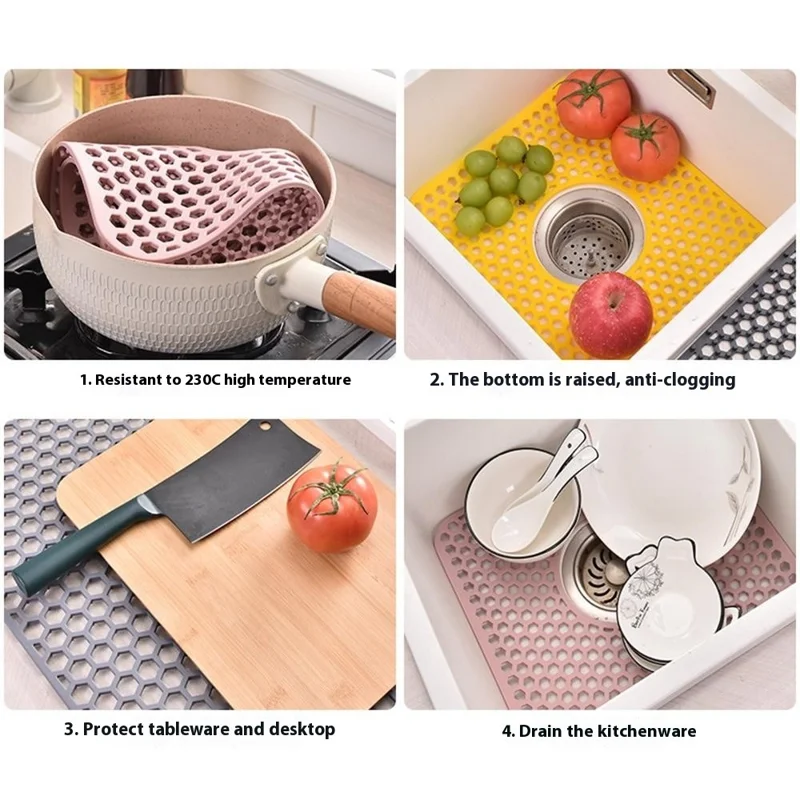 Large Size Silicone Kitchen Hollow Sink Mat Non-Slip Heat Insulation Desk Pad Drain Mat - Pink