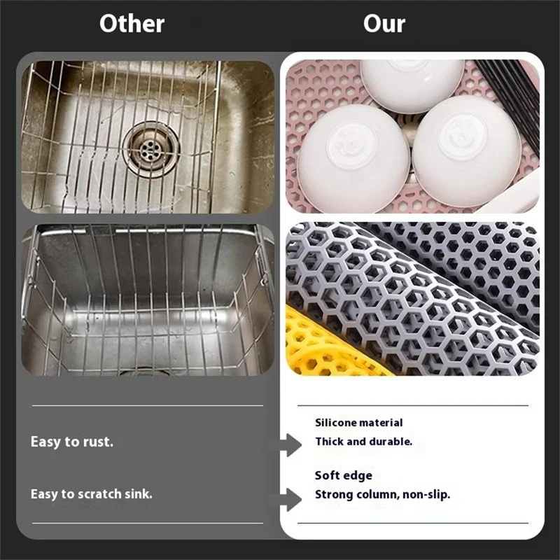 Large Size Silicone Kitchen Hollow Sink Mat Non-Slip Heat Insulation Desk Pad Drain Mat - Pink