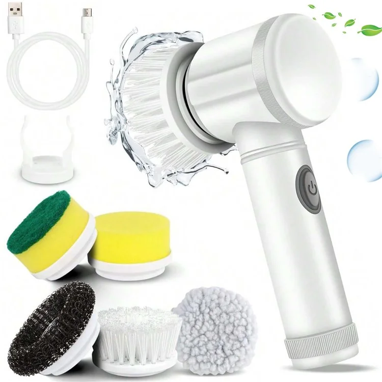 Electric Scrubber Cordless Power Cleaning Brush with 5 Replaceable Brush Heads - White