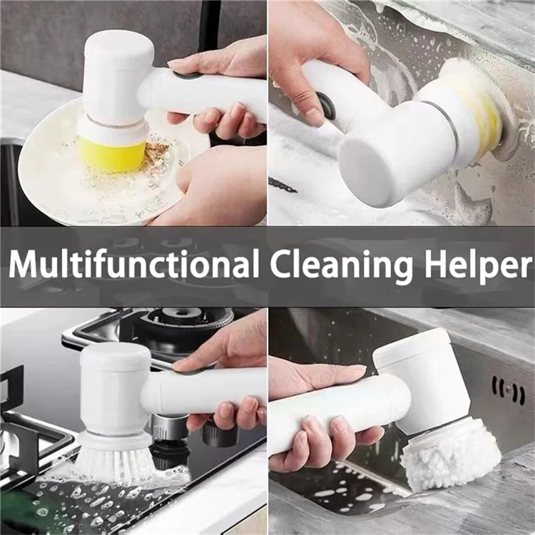 Electric Scrubber Cordless Power Cleaning Brush with 5 Replaceable Brush Heads - White