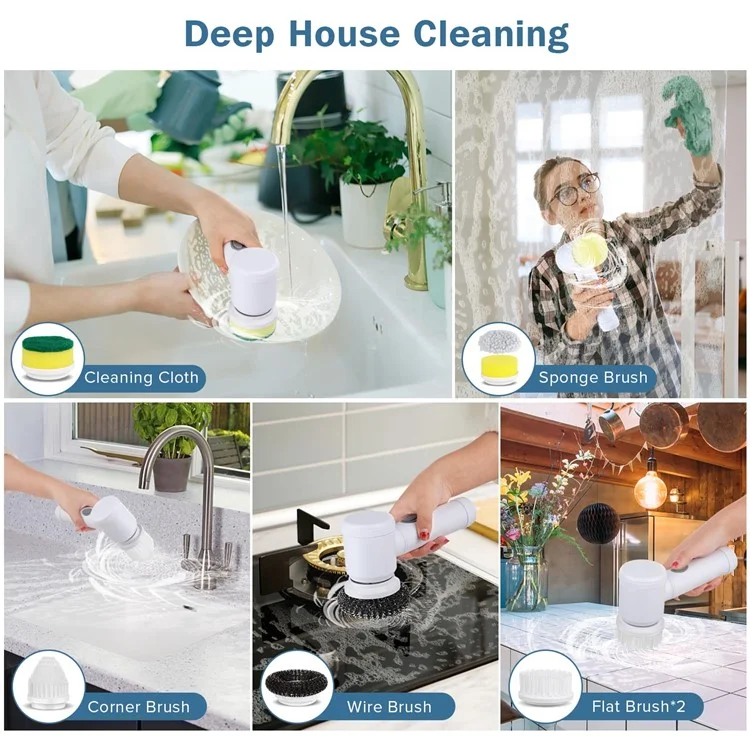 Electric Scrubber Cordless Power Cleaning Brush with 5 Replaceable Brush Heads - White