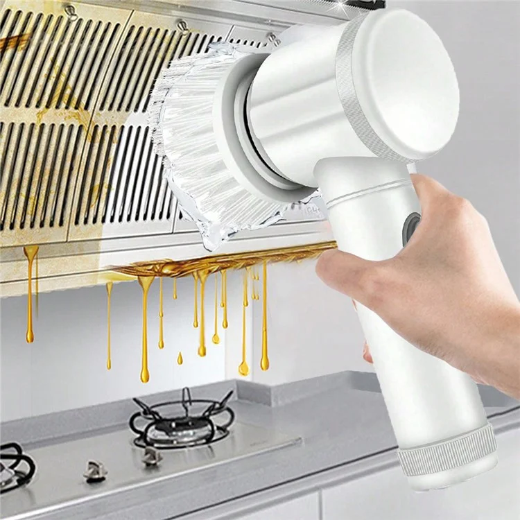 Electric Scrubber Cordless Power Cleaning Brush with 5 Replaceable Brush Heads - White