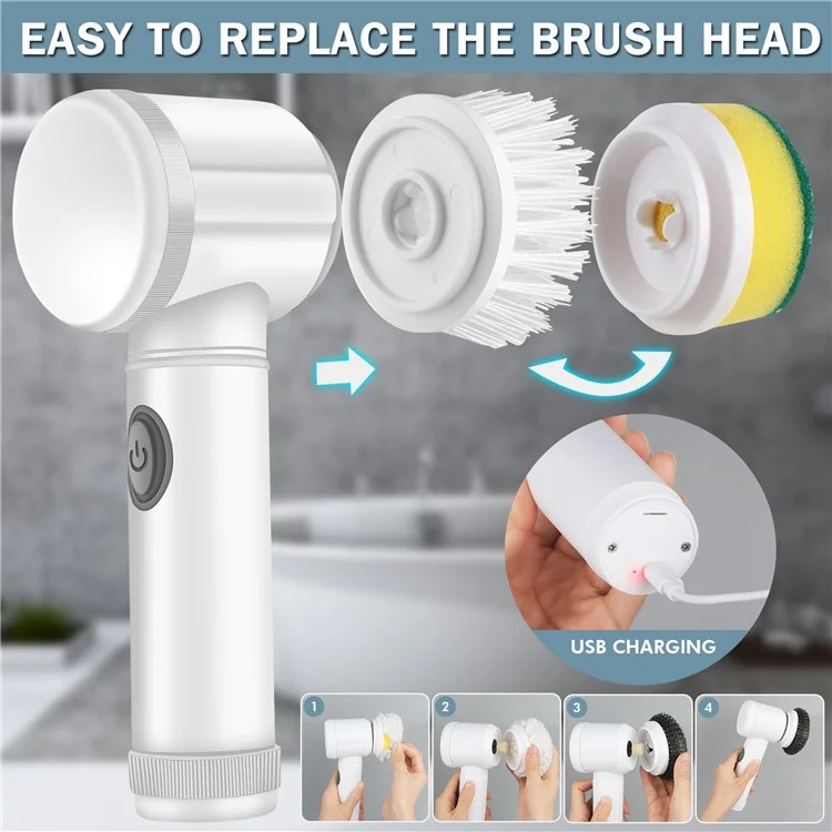 Electric Scrubber Cordless Power Cleaning Brush with 5 Replaceable Brush Heads - White