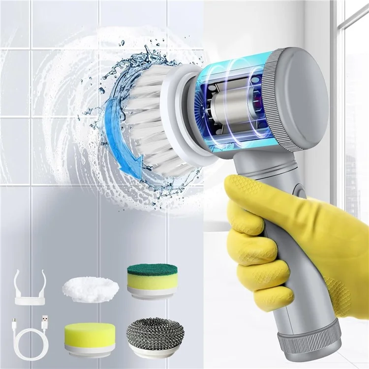 Electric Scrubber Cordless Power Cleaning Brush with 5 Replaceable Brush Heads - White