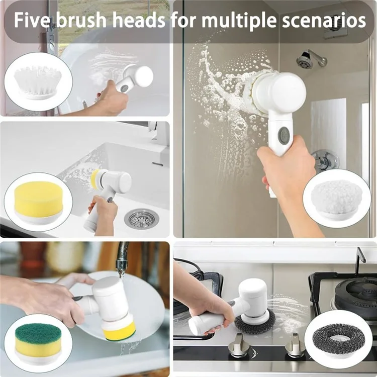 Electric Scrubber Cordless Power Cleaning Brush with 5 Replaceable Brush Heads - White