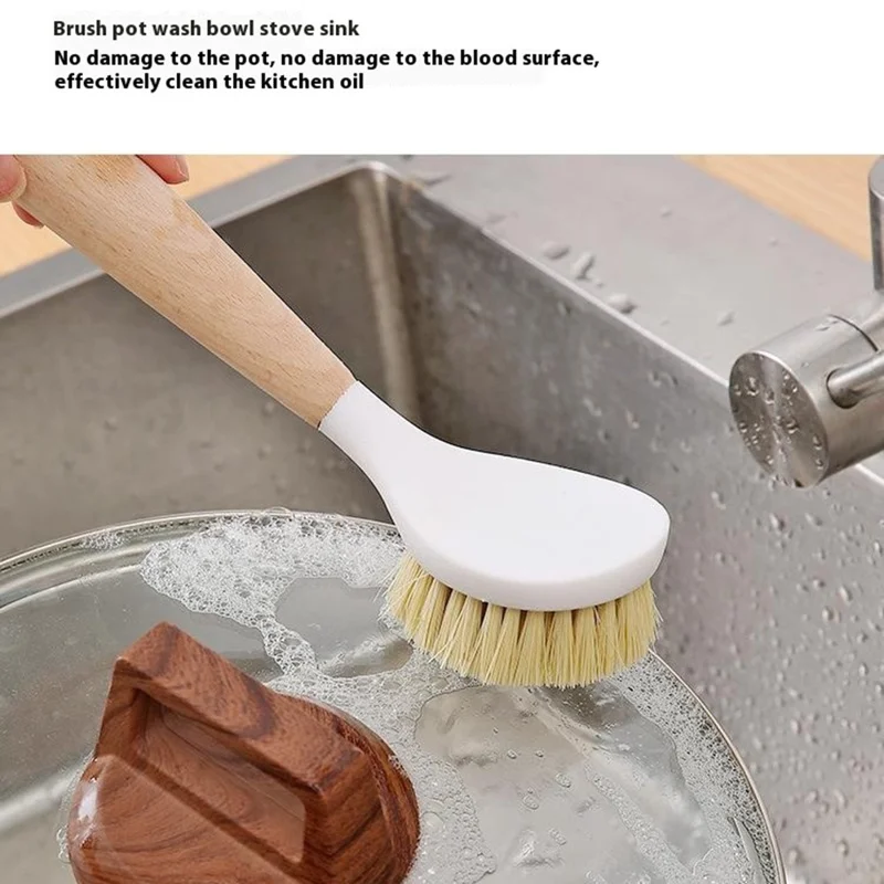 Pot Scrubber Brush with Wooden Handle Dishes Pans Sinks Kitchen Cleaning Tool