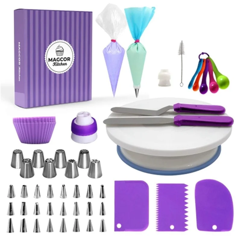 Set da 60 pezzi per decorazione torte con piatto girevole, beccucci per decorazione, sacche in silicone, kit fai-da-te per pasticceria (Senza certificazione FDA)