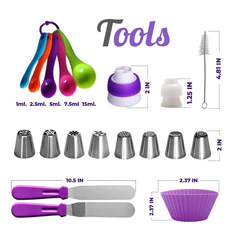 Set da 60 pezzi per decorazione torte con piatto girevole, beccucci per decorazione, sacche in silicone, kit fai-da-te per pasticceria (Senza certificazione FDA)