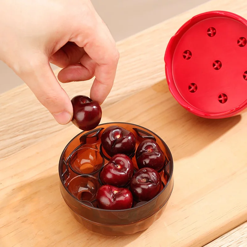 Cherry Pitter 7 Hole Seed Remover Olive Pitters Tool Pit Remover Portable Fruit Corer for Kitchen (BPA Free, No FDA) - Red