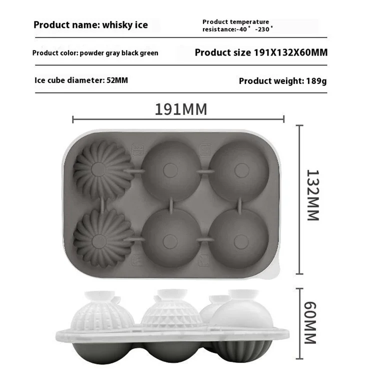 Moule à glaçons sphériques pour whisky à 6 cavités, en silicone de qualité alimentaire pour cocktails (sans BPA, certifié FDA / LFGB) - Gris