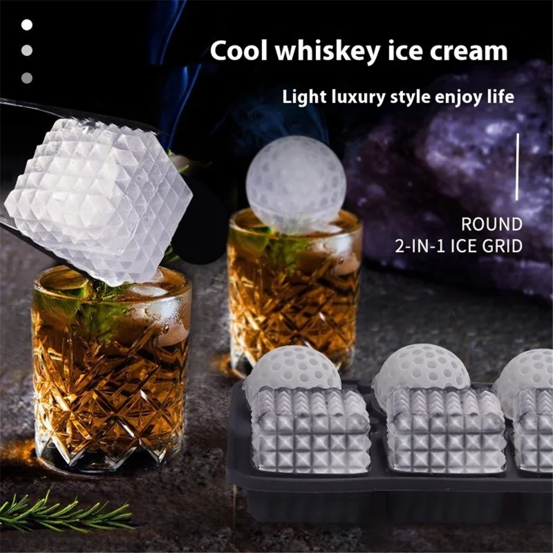 6 Cavity Silicone Ice Cube Tray for Whiskey Cocktails Leak Proof Ice Ball Mold (BPA Free, FDA / LFGB Certified) - Black
