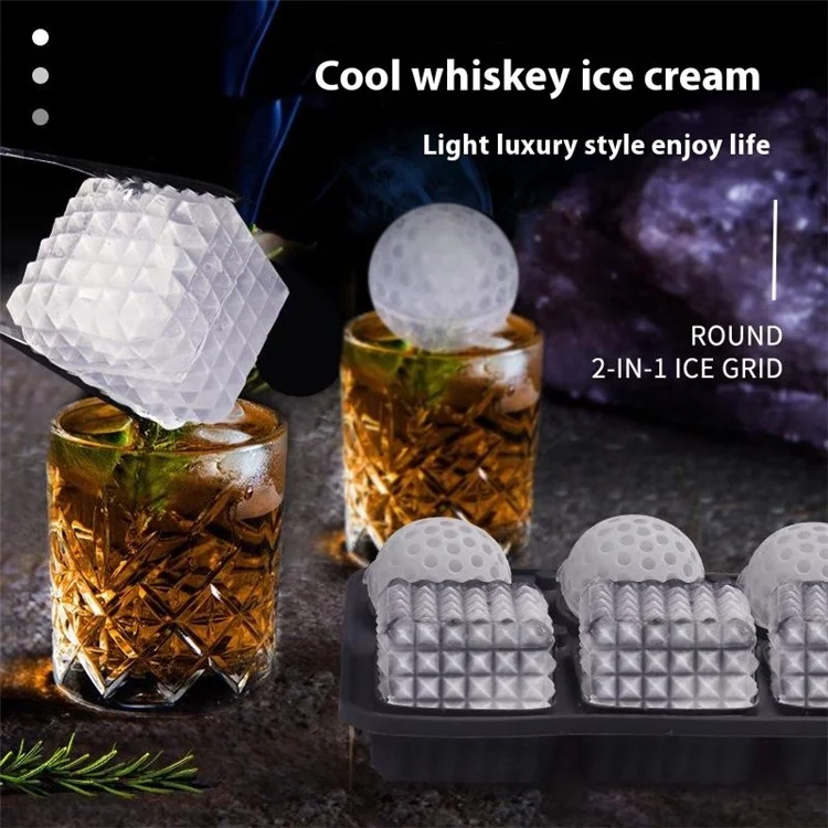 6 Cavity Silicone Ice Cube Tray for Whiskey Cocktails Leak Proof Ice Ball Mold (BPA Free, FDA / LFGB Certified) - Grey
