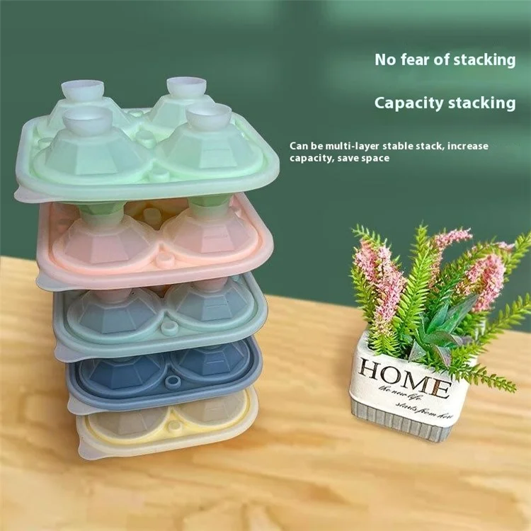 Stackable Ice Cube Tray 4 Cavity Diamond Shape Silicone Ice Maker Mold (BPA Free, FDA / LFGB Certified) - Green