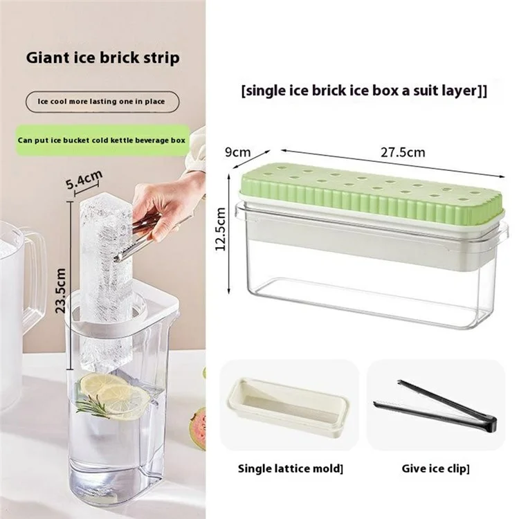 082 Single Layer Ice Cube Tray with Press Release Ice Mold Storage Container with Ice Tongs (BPA Free, No FDA) - Green+1 Grid Tray
