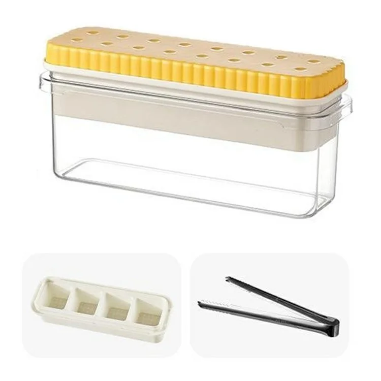 082 Single Layer Ice Cube Tray with Press Release Ice Mold Storage Container with Ice Tongs (BPA Free, No FDA) - Yellow+4 Grids Tray