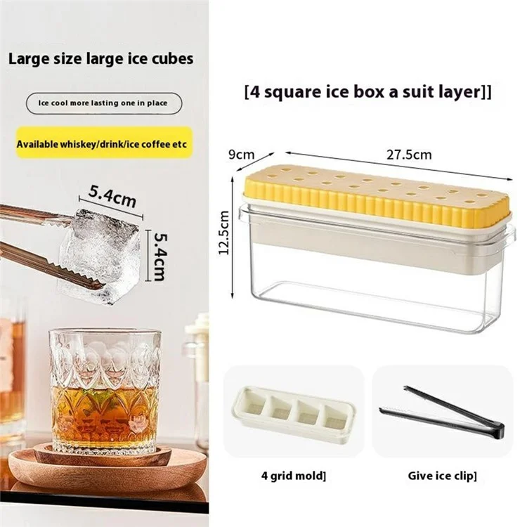 082 Single Layer Ice Cube Tray with Press Release Ice Mold Storage Container with Ice Tongs (BPA Free, No FDA) - Yellow+4 Grids Tray