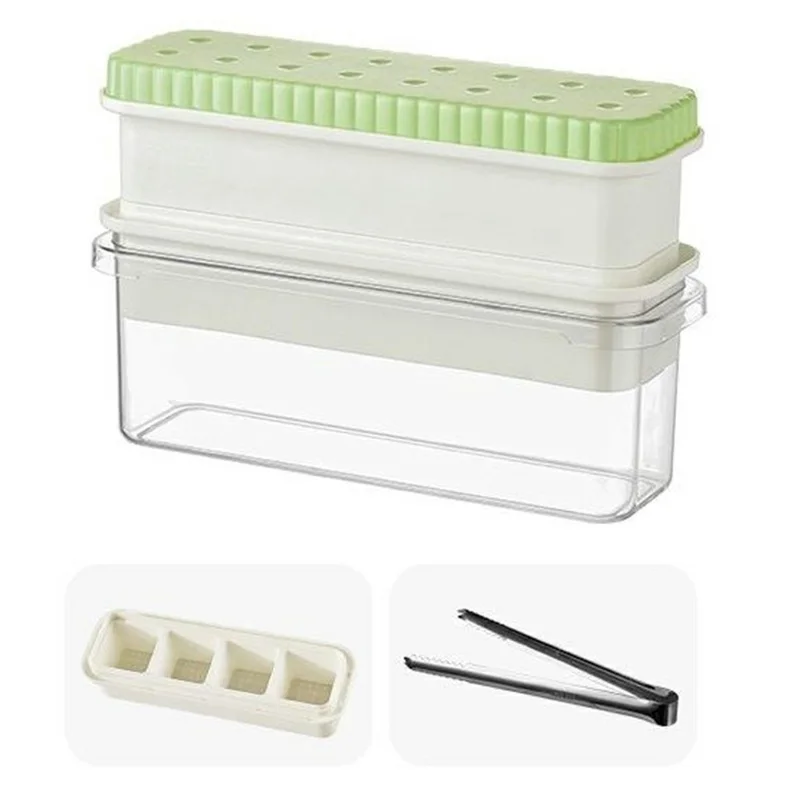 082 Double Layer Ice Cube Tray with Press Release Ice Mold Storage Container with Ice Tongs (BPA Free, No FDA) - Green+4 Grids Tray