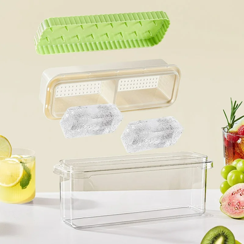 082 Double Layer Ice Cube Tray with Press Release Ice Mold Storage Container with Ice Tongs (BPA Free, No FDA) - Green+4 Grids Tray