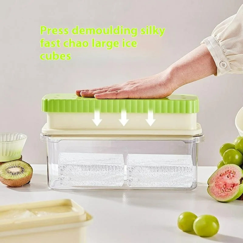 082 Double Layer Ice Cube Tray with Press Release Ice Mold Storage Container with Ice Tongs (BPA Free, No FDA) - Green+4 Grids Tray