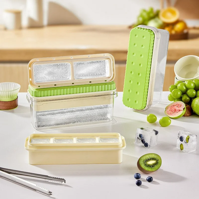 082 Double Layer Ice Cube Tray with Press Release Ice Mold Storage Container with Ice Tongs (BPA Free, No FDA) - Green+4 Grids Tray