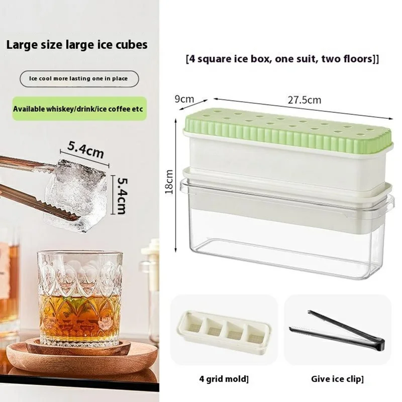 082 Double Layer Ice Cube Tray with Press Release Ice Mold Storage Container with Ice Tongs (BPA Free, No FDA) - Green+4 Grids Tray
