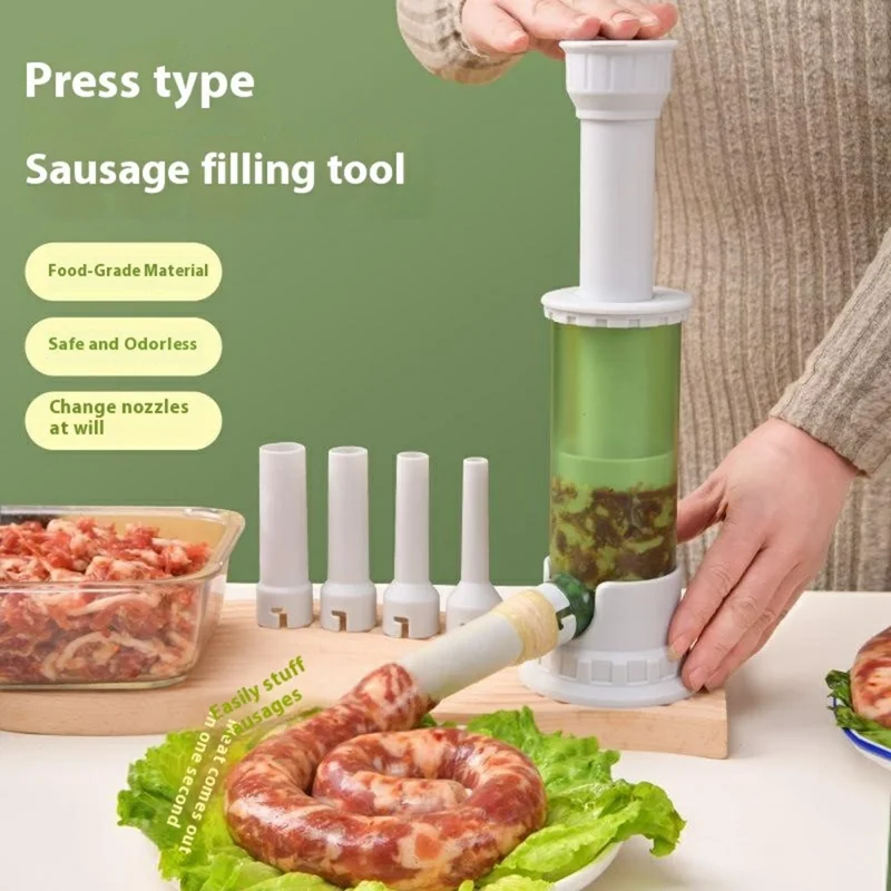 Manual Sausage Stuffer Homemade Sausage Filler Kitchen Sausage Making Tool with 4 Tubes (BPA Free, No FDA) - Transparent Grey