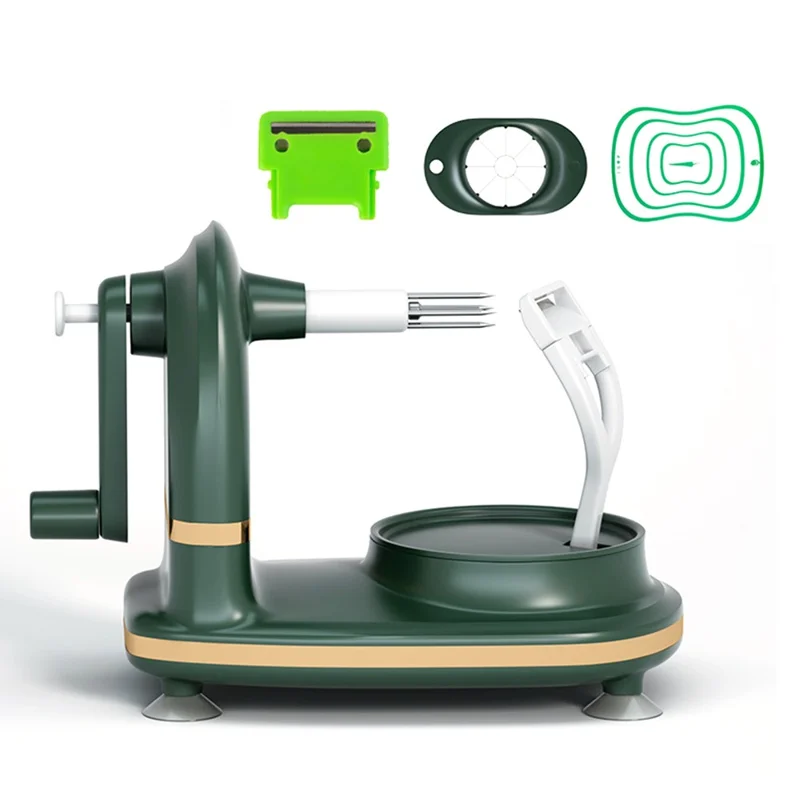 Pelapatate Multifunzionale 4 in 1 con Manovella, Affettatore e Lama di Ricambio - Kit Utensile da Cucina (Privo di BPA, Non FDA) - Verde Scuro