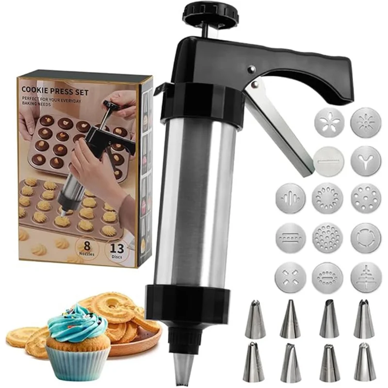 Prensa de Galletas de Acero Inoxidable con 8 Boquillas y 13 Discos, Juego de Herramientas de Repostería (Sin FDA, Libre de BPA)
