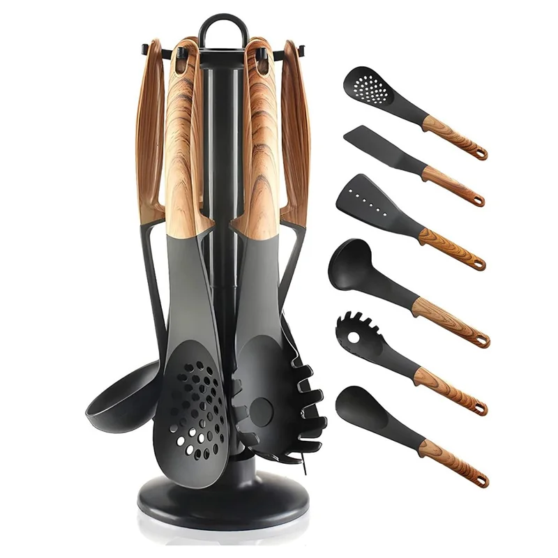 Ensemble d'ustensiles de cuisine en nylon résistant à la chaleur (7 pièces) avec louche, spatule, cuillère à pâtes et support de rangement (sans BPA, non FDA)