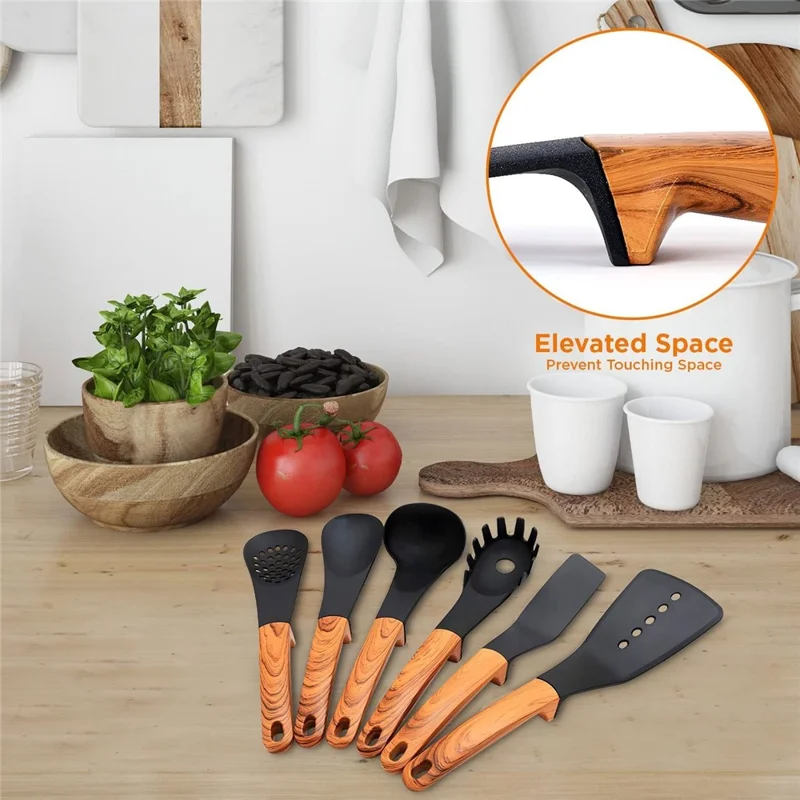 Ensemble d'ustensiles de cuisine en nylon résistant à la chaleur (7 pièces) avec louche, spatule, cuillère à pâtes et support de rangement (sans BPA, non FDA)