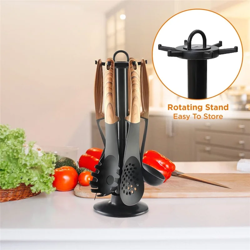 Ensemble d'ustensiles de cuisine en nylon résistant à la chaleur (7 pièces) avec louche, spatule, cuillère à pâtes et support de rangement (sans BPA, non FDA)