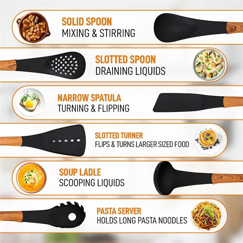 Ensemble d'ustensiles de cuisine en nylon résistant à la chaleur (7 pièces) avec louche, spatule, cuillère à pâtes et support de rangement (sans BPA, non FDA)