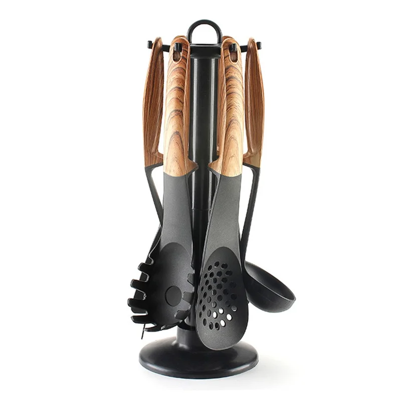 Ensemble d'ustensiles de cuisine en nylon résistant à la chaleur (7 pièces) avec louche, spatule, cuillère à pâtes et support de rangement (sans BPA, non FDA)