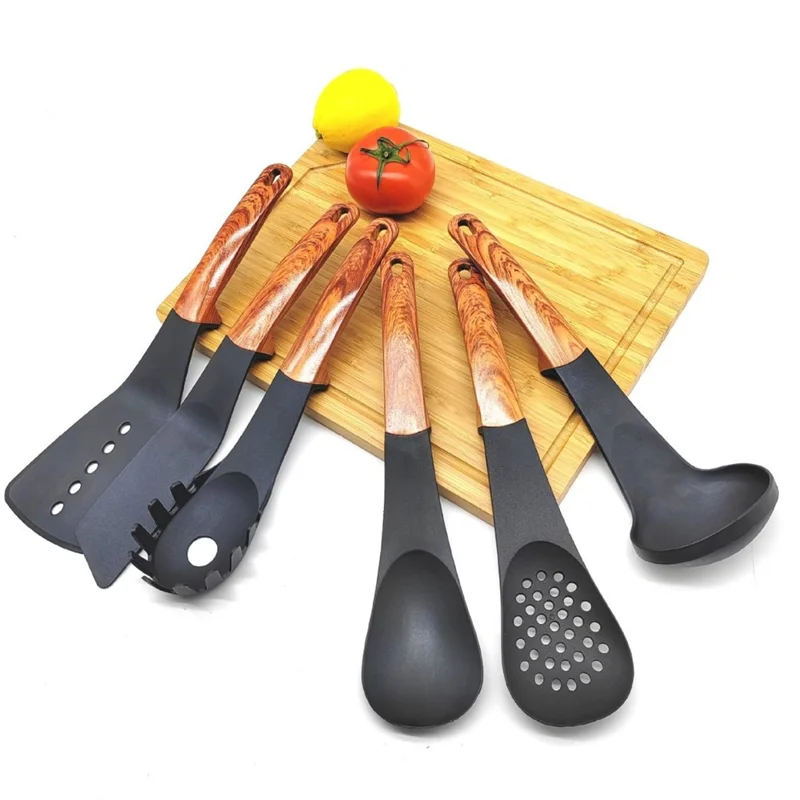 Ensemble d'ustensiles de cuisine en nylon résistant à la chaleur (7 pièces) avec louche, spatule, cuillère à pâtes et support de rangement (sans BPA, non FDA)