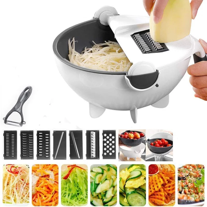Multifunctional Double Layer Strainer Basket Potato Slicer Vegetable Cutter Washer 9 in 1 Kitchen Tool (No FDA, BPA Free)