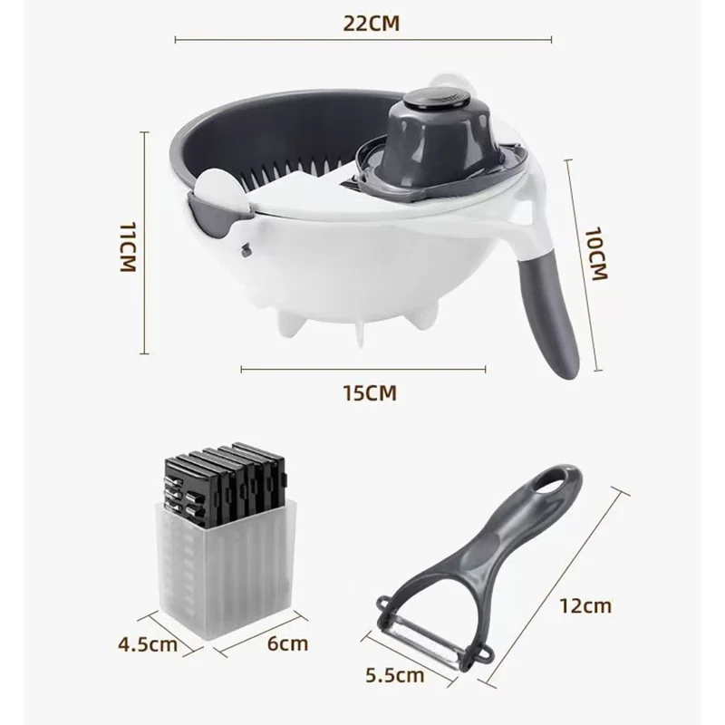 Multifunctional Double Layer Strainer Basket Potato Slicer Vegetable Cutter Washer 9 in 1 Kitchen Tool (No FDA, BPA Free)