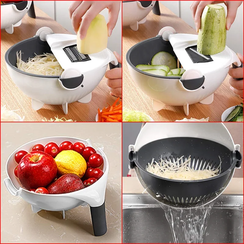 Multifunctional Double Layer Strainer Basket Potato Slicer Vegetable Cutter Washer 9 in 1 Kitchen Tool (No FDA, BPA Free)