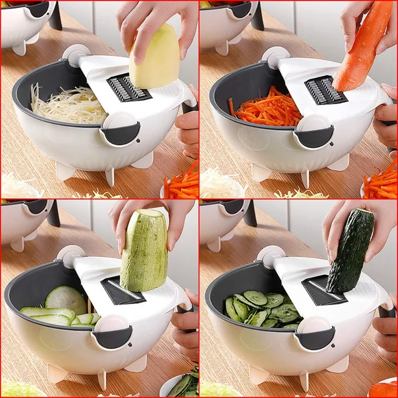 Multifunctional Double Layer Strainer Basket Potato Slicer Vegetable Cutter Washer 9 in 1 Kitchen Tool (No FDA, BPA Free)