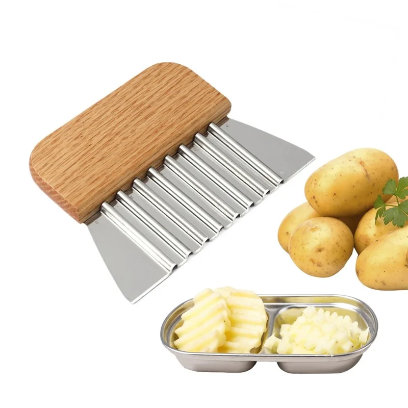 Potato Chipper Stainless Steel Wavy Blade Potato Crinkle Cutter Wooden Handle Cutting Tool (BPA Free, No FDA)