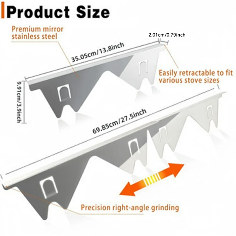 2Pcs Stainless Steel Stove Gap Cover 35-69cm Extendable Kitchen Counter Gap Filler - Silver