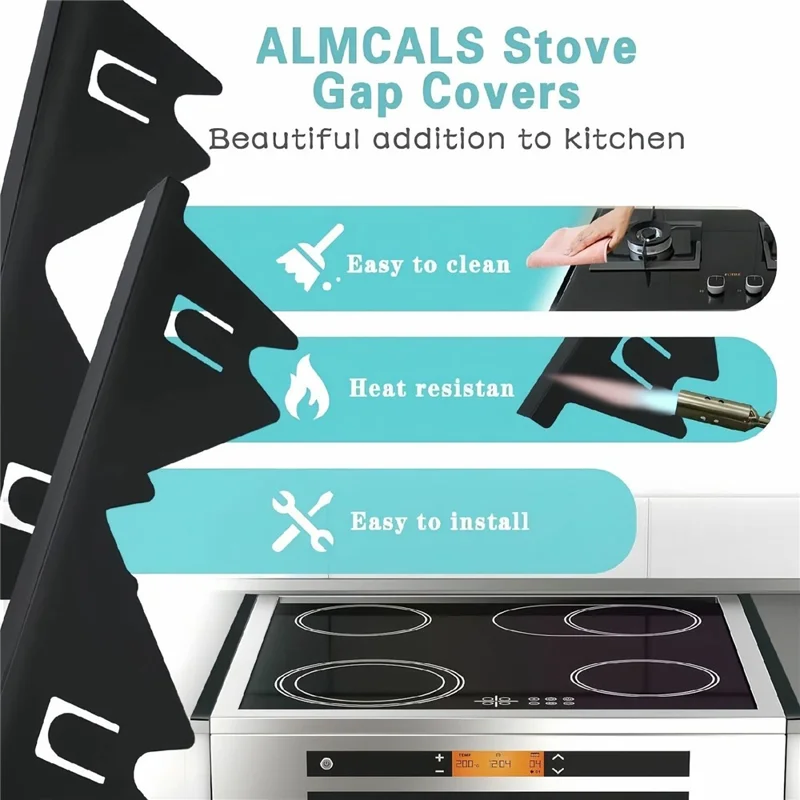 2Pcs Stainless Steel Stove Gap Cover 35-69cm Extendable Kitchen Counter Gap Filler - Black