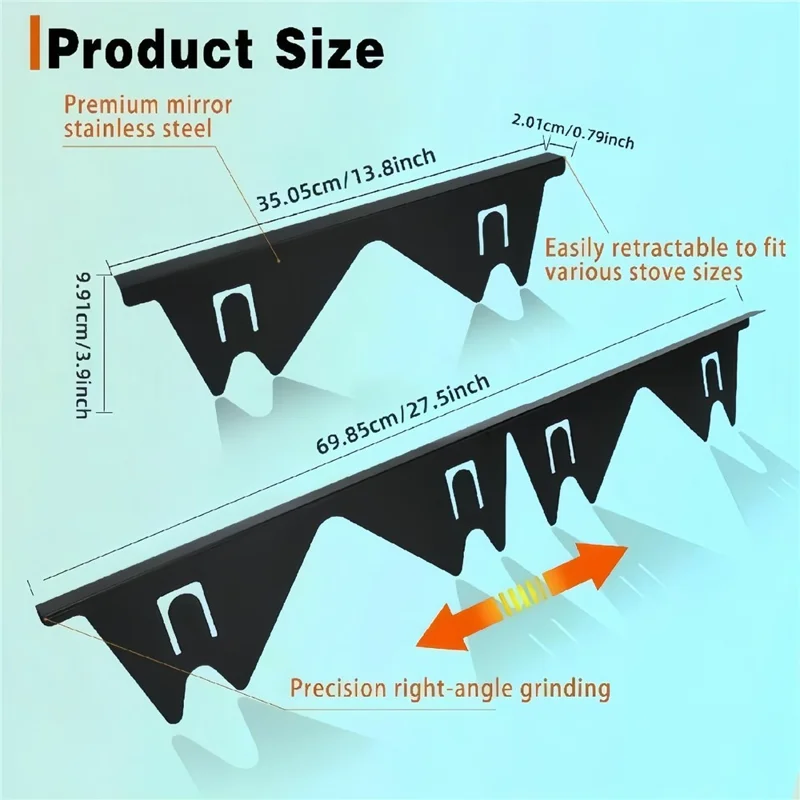 2Pcs Stainless Steel Stove Gap Cover 35-69cm Extendable Kitchen Counter Gap Filler - Black