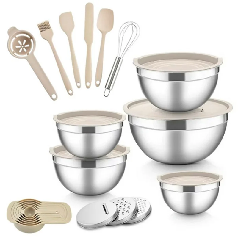 13Pcs Stainless Steel Mixing Bowl Set with Airtight Lids Non-slip Silicone Bottom Salad Bowl Baking Kitchen Tools - Khaki