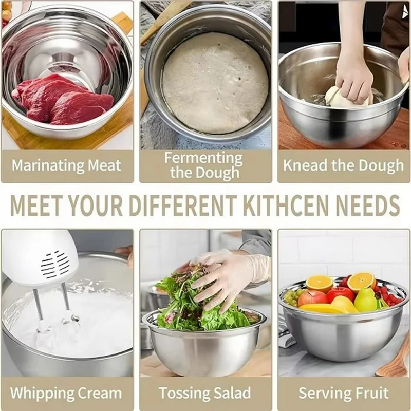 13Pcs Stainless Steel Mixing Bowl Set with Airtight Lids Non-slip Silicone Bottom Salad Bowl Baking Kitchen Tools - Khaki