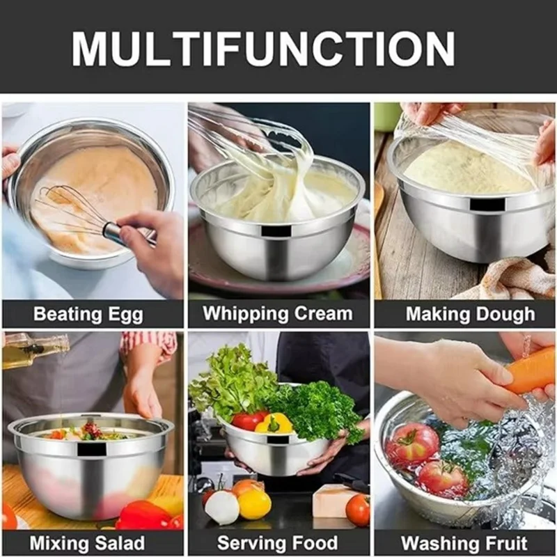 13Pcs Stainless Steel Mixing Bowl Set with Airtight Lids Non-slip Silicone Bottom Salad Bowl Baking Kitchen Tools - Khaki