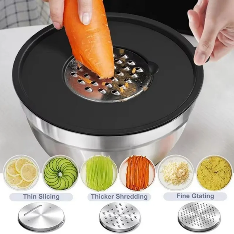 13Pcs Stainless Steel Mixing Bowl Set with Airtight Lids Non-slip Silicone Bottom Salad Bowl Baking Kitchen Tools - Khaki