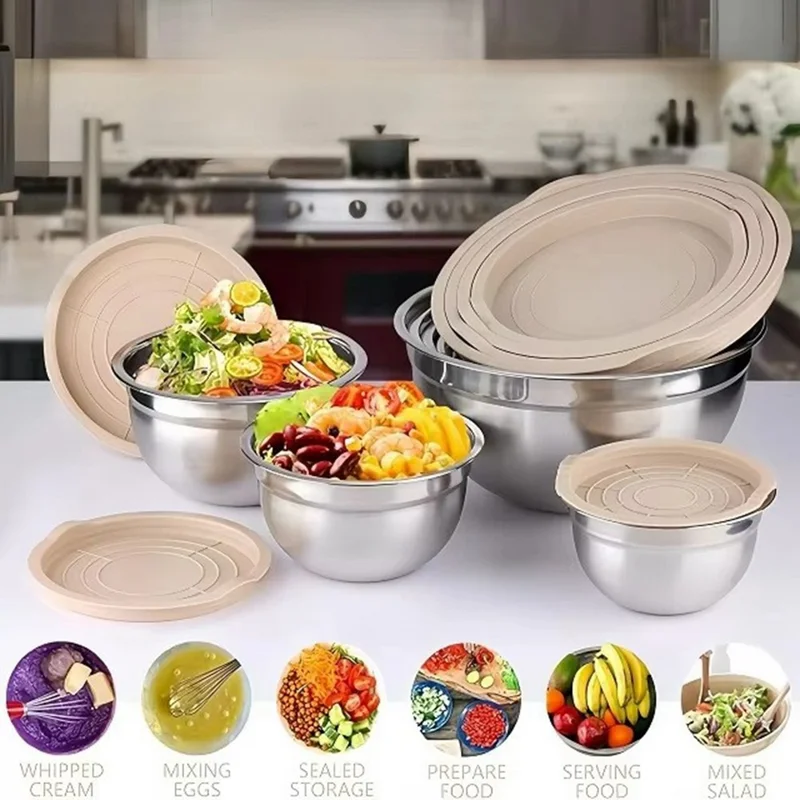13Pcs Stainless Steel Mixing Bowl Set with Airtight Lids Non-slip Silicone Bottom Salad Bowl Baking Kitchen Tools - Khaki